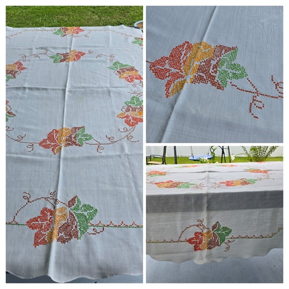 Thanksgiving Fall Autumn Linen Tablecloth Orange Leaves Cross Stitch 66" Round - Picture 1 of 11